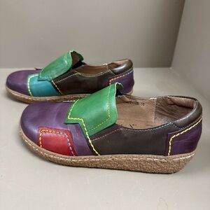 Colorblock Leather Slip-On Sneakers in Green, Purple, Red, Brown